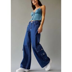 BDG Urban Outfitters Presley Wide Leg Cargo Jeans Baggy Y2K Blue Denim Size 27